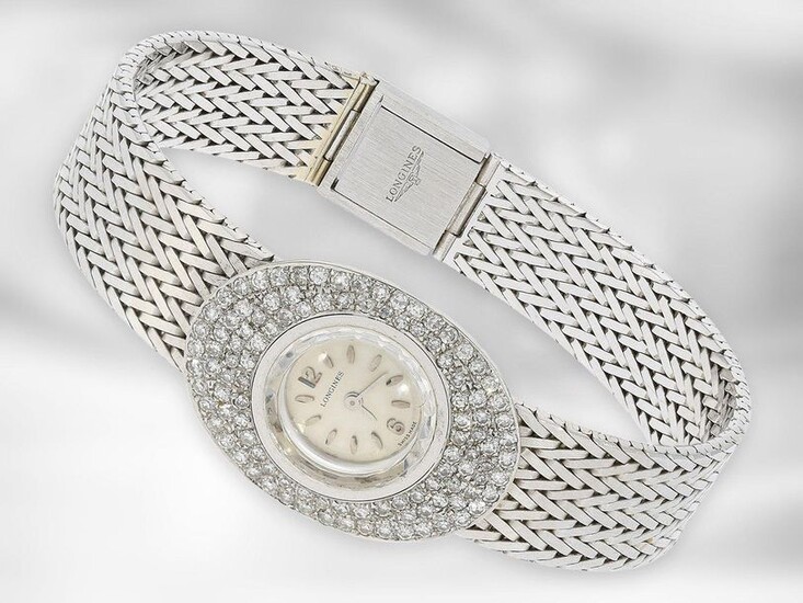 Wrist watch: noble, white-gold vintage ladies watch from Longines with diamonds, ca. 1,2ct, 18K white gold