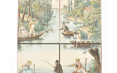 [XVIe - XIXe siècle] Pêche dans la rivière Ludovic ( ?), vers 1885. Plaque chromolithographique...