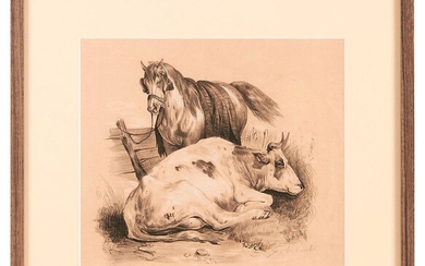 Xavier DE PORET (1894-1975) Le Cheval et la vache Crayon et rehauts de craie signé...