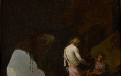 Young man and woman in a cave, Moses Matheusz. van Uyttenbroeck