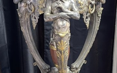 c1890 Ornate French Dore Bronze & Rouge Marble Caryatid Pedestal