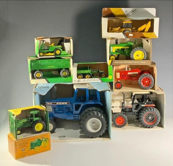 10 Boxed Ertl John Deere, Case, Ford Tractors