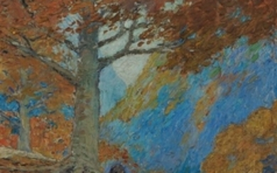 American School, 20th Century Autumn Landscape with a Woman Seated Under an Oak