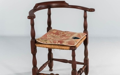 Red-painted Spanish-foot Corner Chair, possibly Connecticut, with shaped backrest and handholds, rush seat, and block, vase, and ring t