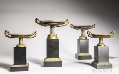 Two Pairs of Neoclassical-style Cast Bronze Tazza on Stone Plinths