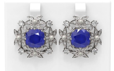 12.23 ctw Sapphire & Diamond with Pearl Earrings 18K White Gold