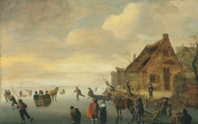 Cornelis Beelt (? 1602/12-1664/74 Haarlem/Rotterdam), A winter landscape with horse-drawn sledges and figures skating on a frozen lake by a rural village