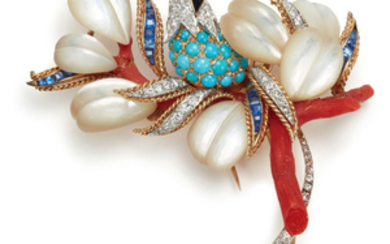 A Diamond, Sapphire, Turquoise, Mother-of-Pearl, Coral, and Onyx Brooch