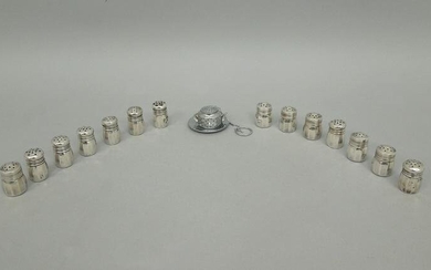 (14) Sterling Miniature Shakers, Plated Strainer.