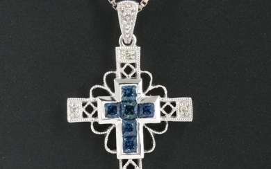 14K Sapphire and Diamond Cross Pendant on Sterling Box Chain