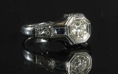 14K WG .6 Carat Diamond and Sapphire Art Deco Ring