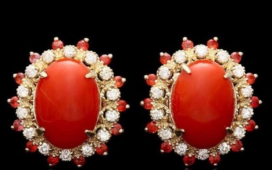 14K Yellow Gold 7.84ct Coral 0.76ct Sapphire and 0.78ct Diamond Earrings