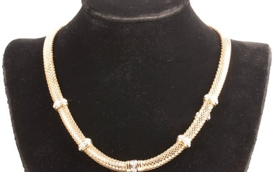 14K Yellow gold diamond spacer set mesh necklace