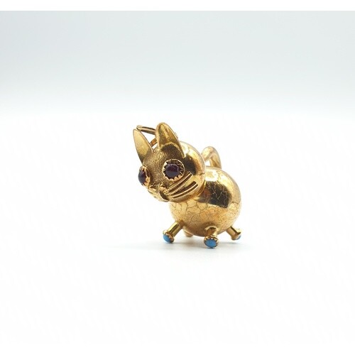 14ct yellow gold chubby cat with garnet eyes and turquoise p...