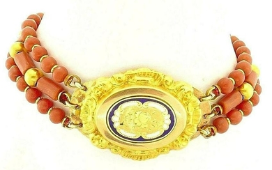 14k Yellow Gold Enamel Coral Beads Bracelet