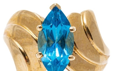 14k Yellow Gold Wide Ribbed Bypass Style Marquise Blue Topaz Ring