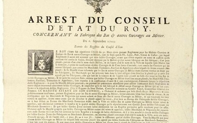 1723. CHAMPAGNE. OUVRAGES AU MÉTIER. CHALONS (51). "Arrest of the Council of State of the KINGDOM, concerning the Factory of the BAS & other works with Trade". of September 6, 1723. followed by the Ordinance of L'ESCALOPIER Intendant in the Province &...