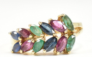 18CT GOLD EMERALD & SAPPHIRE & RUBY CLUSTER RING