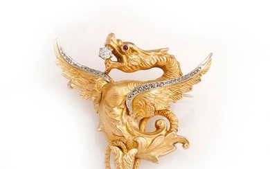 18K (750/°°) yellow gold brooch, featuring a dragon,...