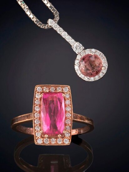 18K ROSE GOLD TOURMALINE PENDANT AND RING WITH TOURMALINE DECORATED WITH SMALL DIAMONDS. Price: 300,00 Euros. (49.916 Ptas.)