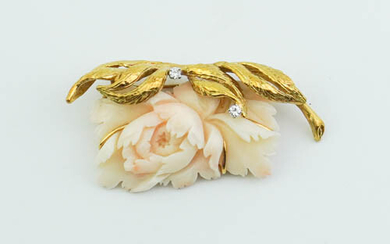 18K YELLOW GOLD, CARVED ANGEL SKIN CORAL AND DIAMOND FLORAL...