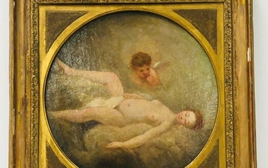 18TH C FRENCH OIL ON CANVAS PAINTING NUDE W/ CHERU