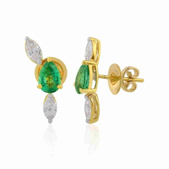 18k Yellow Gold Stud Earrings HI/SI Diamond Emerald