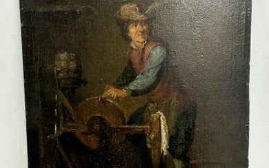 18th or early 19th c o/wood panel of man using sharpening stone, unsigned, slight bow to wood panel