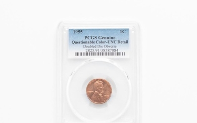 1955 Doubled Die Obverse Lincoln Cent, PCGS UNC Details, Questionable Color. Estimate $600-800