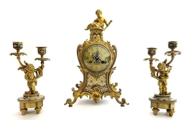 19th C. Judaica Champleve & Bronze Clock Set