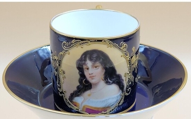 19th C Royal Vienna Portrait Cup & Saucer Artist Signed