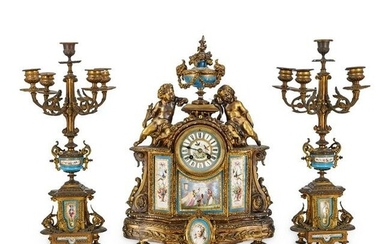 19th Cent. Sevres Porcelain & Bronze Clock Set