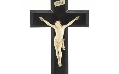 19th century carved ivory Corpus Christi on ebonised crucifi...
