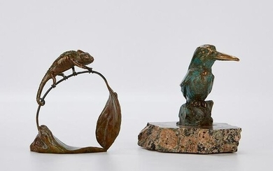 2 Bronze Sculptures - Bird & Chameleon