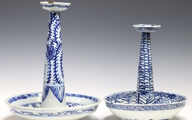 (2) CHINESE BLUE & WHITE PORCELAIN CANDLESTICK HOLDERS