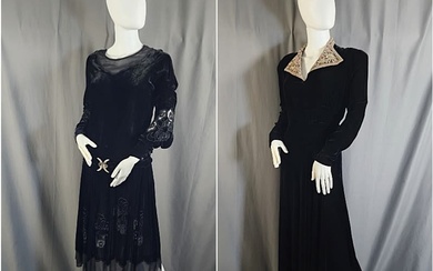 2 Vintage 1920s-1940s Black Velvet Dresses