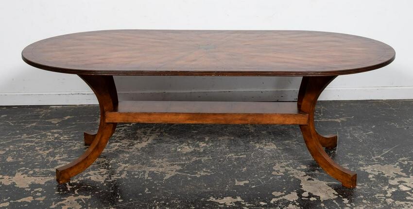 20TH CENTURY, BRASS INSET OAK OVAL DINING TABLE