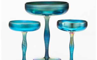 23026: Three Steuben Blue Aurene Glass Compotes, 1903-1