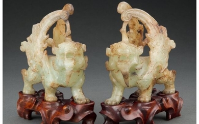 25026: A Pair of Chinese Carved Jade Lions with Fitted