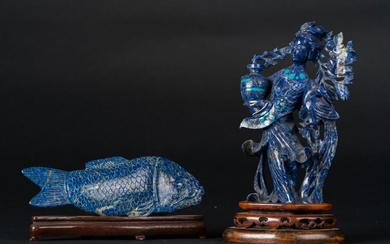 Arte Cinese Two lapis lazuli carvings depicting a lady