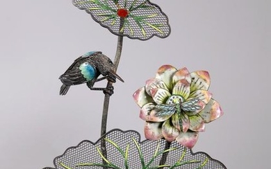 Chinese 925 Silver Wire Lotus Kingfisher Fly Frog