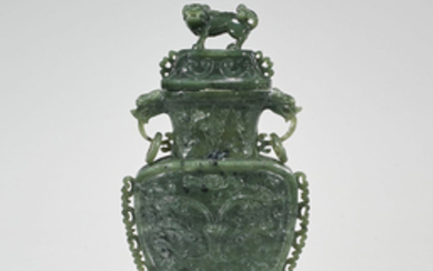 Chinese Carved Spinach Jade Covered Urn