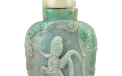 CHINESE GREEN JADEITE SNUFF BOTTLE In spade shape, with high relief carving of ladies in a landscape setting. Height 3".