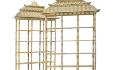 A PAIR OF CREAM-PAINTED AND PARCEL-GILT FAUX BAMBOO BOOKCASES, SECOND HALF 20TH CENTURY