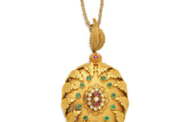 A diamond, emerald, ruby and gold pendant on chain