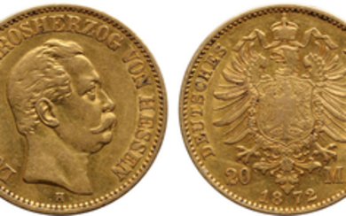 German States, Hesse-Darmstadt, Ludwig III, Gold 20 Marks, 1872-H