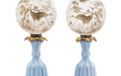 A Pair of Italian Gilt Metal Mounted Glass Fluid Lamps