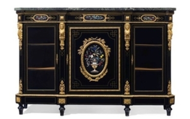 A LARGE FRENCH ORMOLU AND PIETRE DURE-MOUNTED EBONIZED SIDE CABINET, EARLY 20TH CENTURY