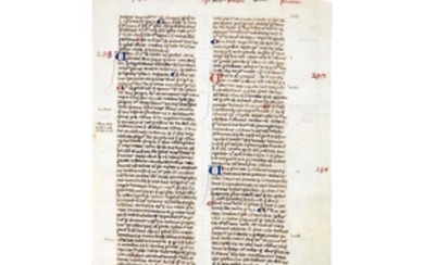 Leaf from a theological commentary with alphabetical entries, these here on teaching, tolls and preaching, in Latin, manuscript on parchment [France, fourteenth century]
