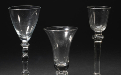 A light baluster cordial glass, a dram glass and a wine glass, circa 1730-60